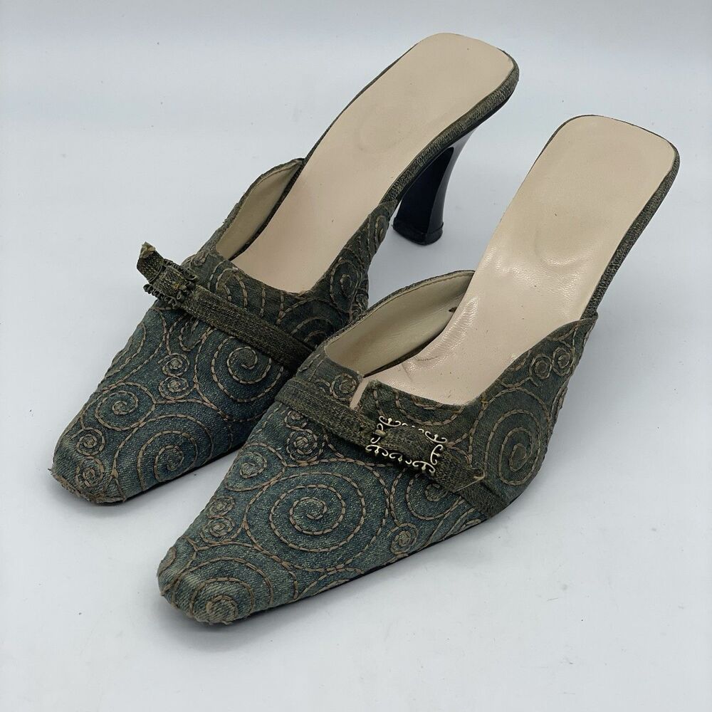 Slip On Mid Wash Denim Stitched 3in Heels Women’s 8 Blue Gold Buckle Accent Boho